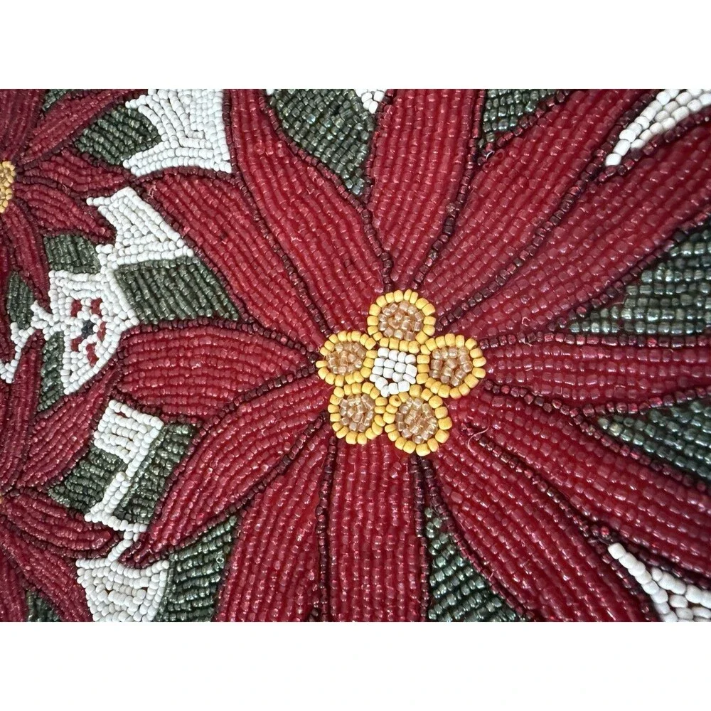 ✿ Vintage Beaded Christmas Table Runner Red Poinsettia Flowers Holiday Decor